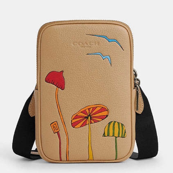 Coach Handbags - Coach Tan Crossbody Bag with Colorful Mushroom Design